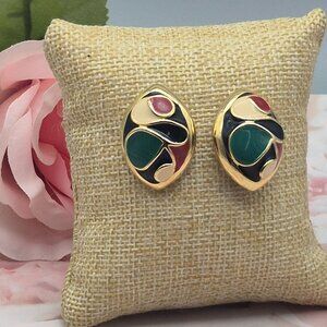 Gold Tone & Enamel Swirl Pierced Earrings Blue, Cream, Red 80's Retro Style MIN